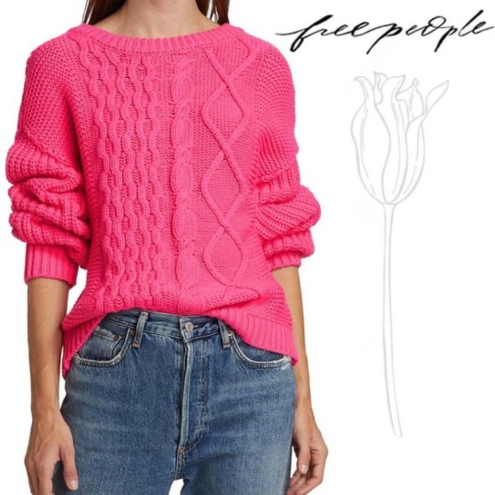 Free People Dream Cable Knit Crew Chunky Sweater Hibiscus Highlight Pink SzL NWT